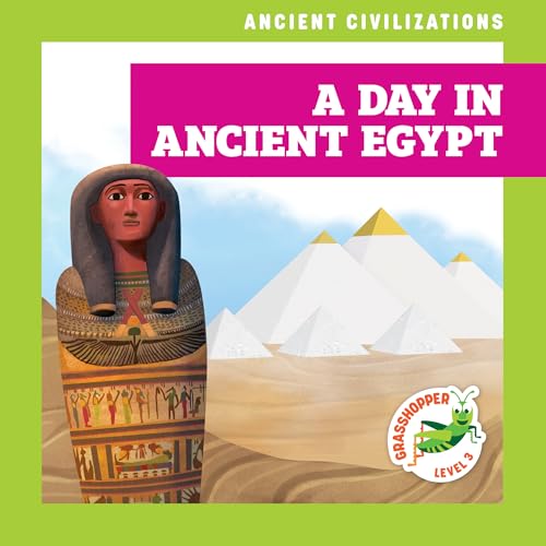 Book cover featuring an Egyptian sarcophagus, pyramids in the desert, and a grasshopper logo.