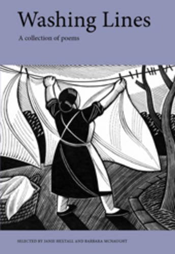 Book cover with a black and white illustration of a woman hanging laundry.
