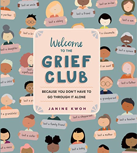 Book cover with title text surrounded by illustrated people holding signs about their losses.