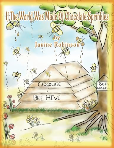 Book cover: chocolate beehive with bees and falling sprinkles.