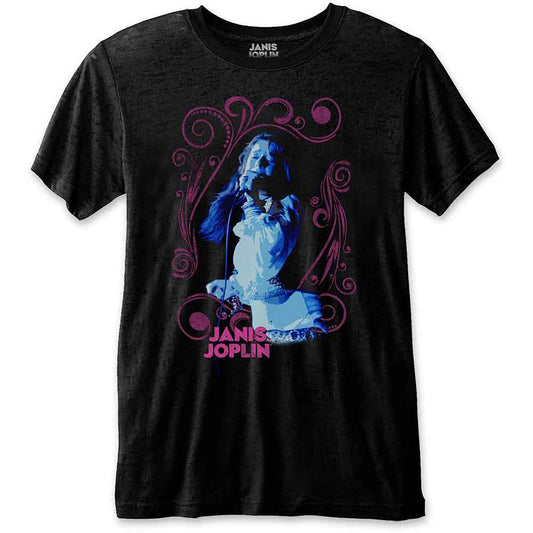 Black Janis Joplin t-shirt with floral frame and portrait graphic.