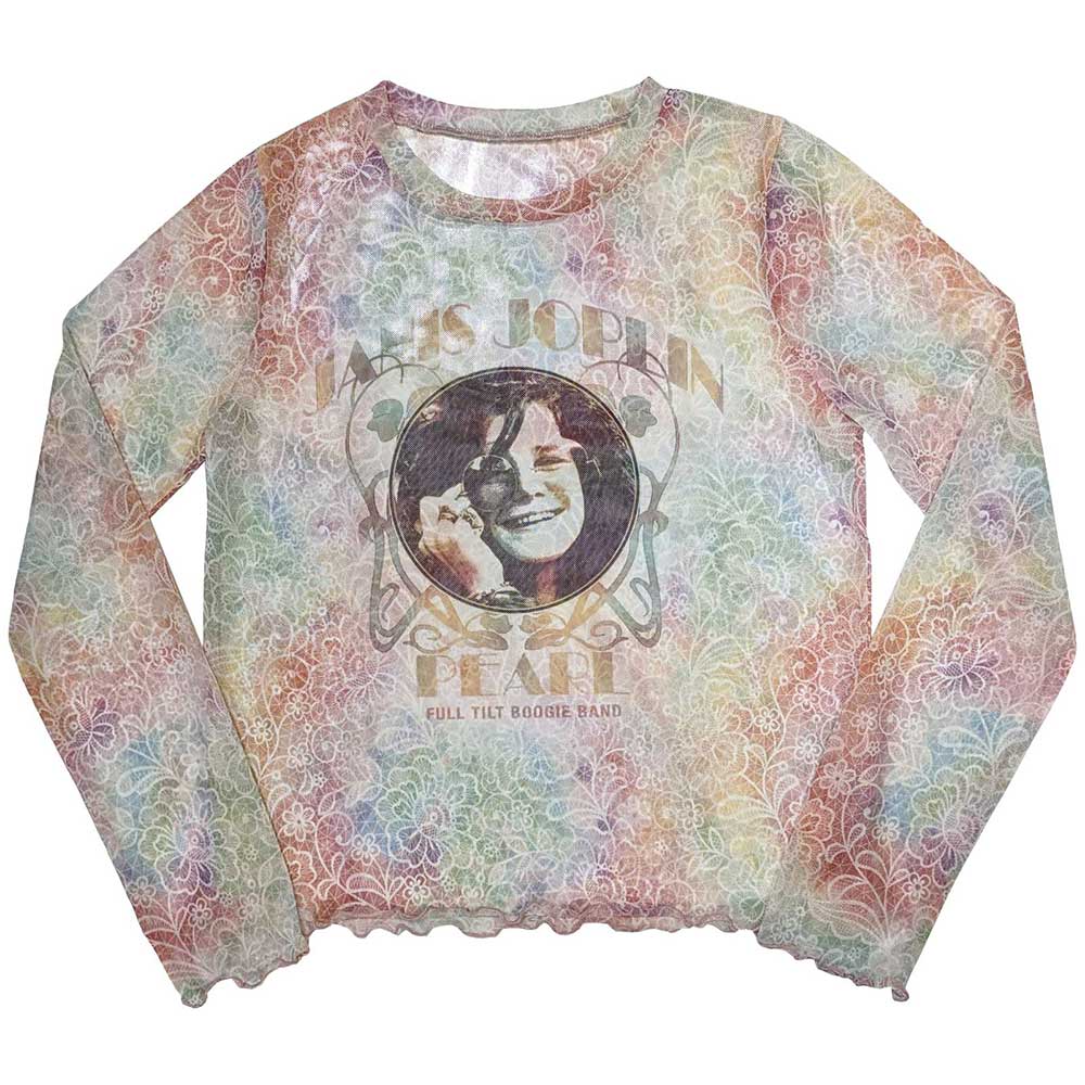 Long sleeve t-shirt featuring Janis Joplin’s “Pearl” album cover mesh design, size small.
