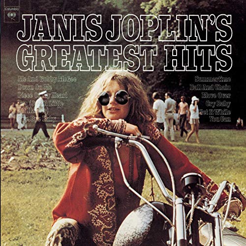 Janis Joplin wearing sunglasses on a motorcycle with tracklist text overlay.