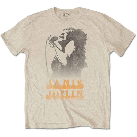 Beige unisex t-shirt with a black and orange Janis Joplin graphic.