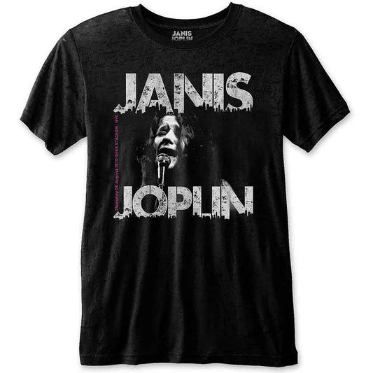 Black t-shirt featuring a vintage photo of Janis Joplin singing with distressed white text.