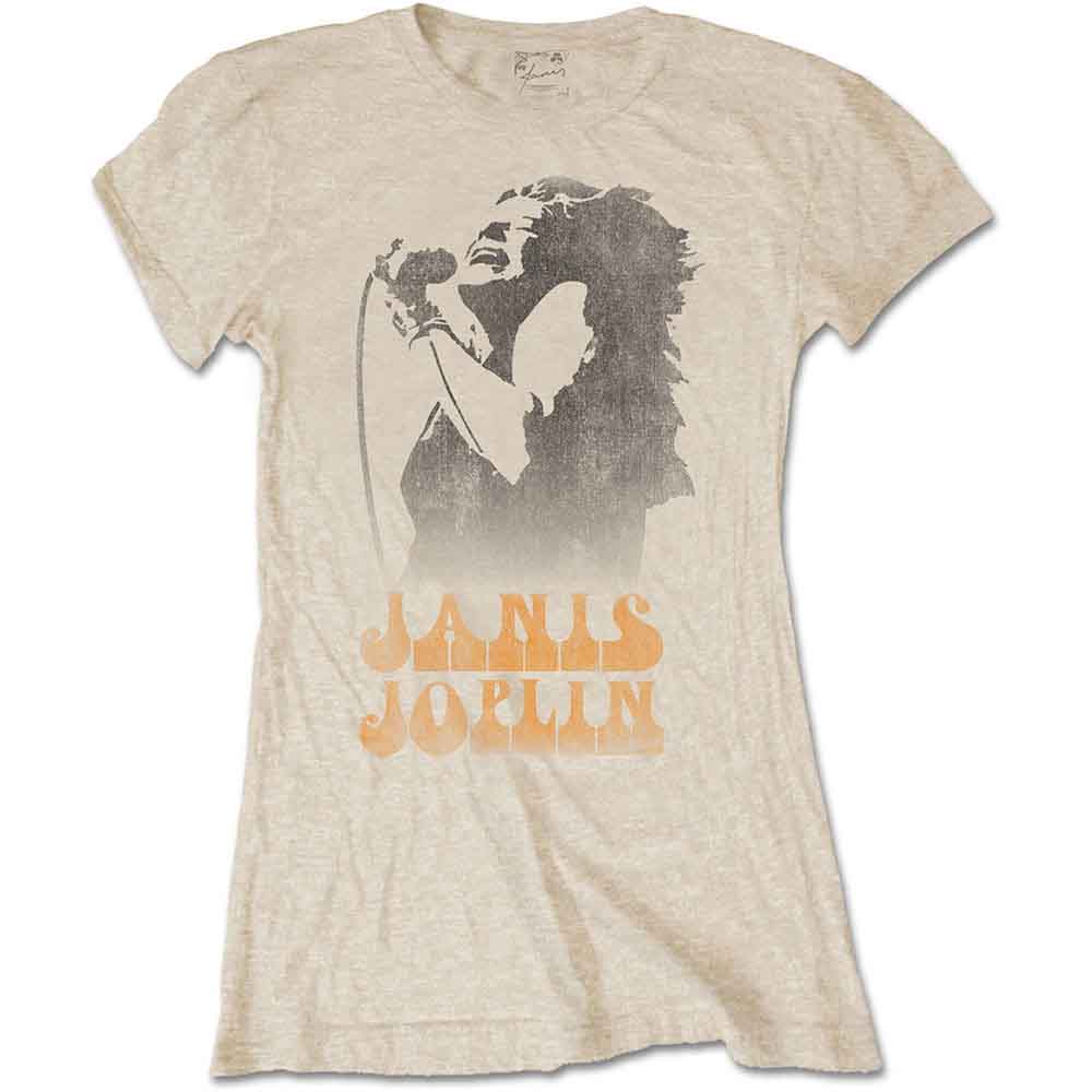 Beige t-shirt with a graphic of Janis Joplin singing into a microphone.