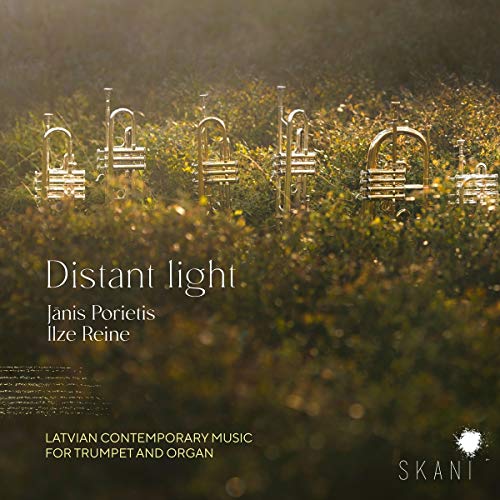 "CD cover with trumpets in a field, 'Distant light' title, and artist names."