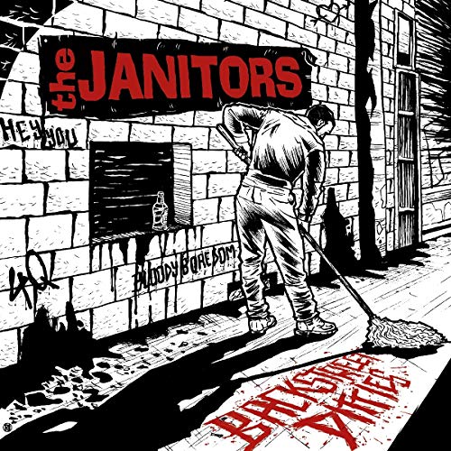 Black and white album cover depicting a janitor sweeping a sidewalk.