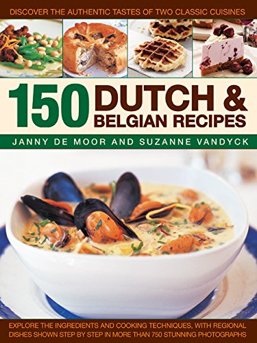 Cookbook cover featuring Dutch and Belgian food, including mussels and waffles.