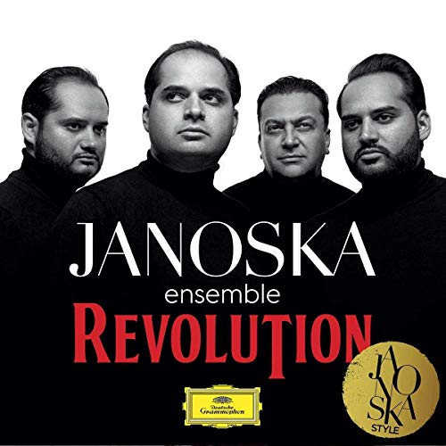 "CD cover featuring four men in black turtlenecks with 'Janoska Ensemble Revolution' text."