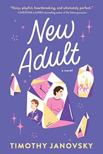 Book cover: “New Adult” with illustrations of two young men in geometric shapes.