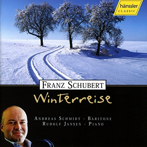 CD cover for Schubert's Winterreise featuring a snowy landscape and portrait.