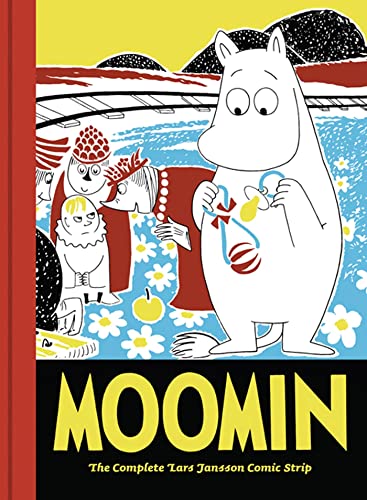 Moomin characters in a colorful comic strip book cover illustration.