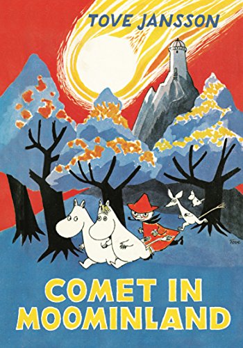 Moomin characters walk through a forest beneath a comet and a mountain observatory.