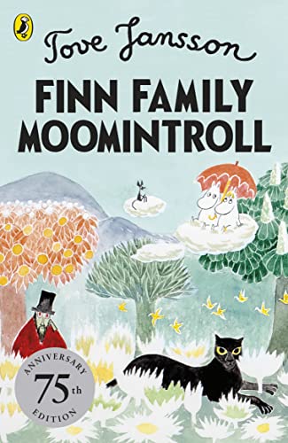 Book cover with Moomintrolls, a cat, and whimsical watercolor illustrations.