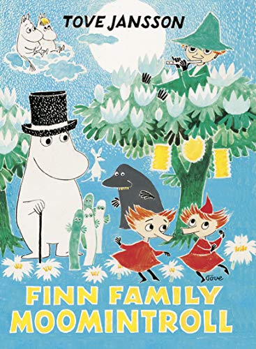 Book cover illustration featuring Moomin characters in a forest setting with a large moon.