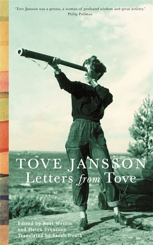 Book cover showing Tove Jansson looking through a telescope outdoors against a landscape.