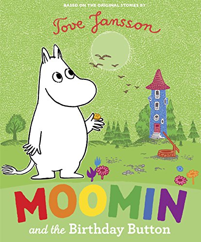 Moomin holding a button in a green landscape with a blue tower and sun.