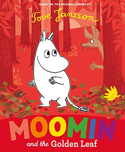 Moomin and Snufkin in a red forest, with a golden leaf falling.