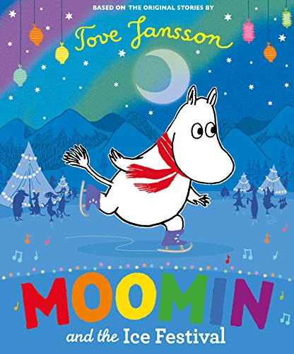 Moomin character ice skating under a crescent moon and aurora borealis.