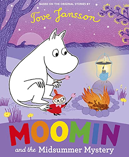 Moomin and Little My roasting marshmallows by a campfire at night.