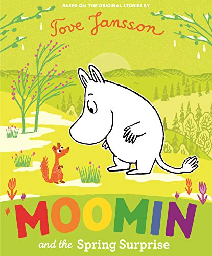 Moomin and a small red squirrel in a spring landscape on a book cover.