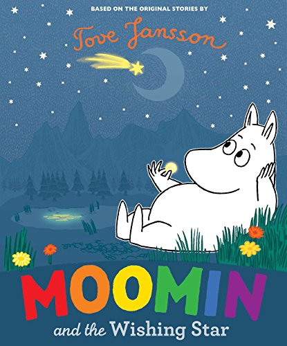 "Children's book cover featuring Moomin, a white cartoon character, under a starry night sky."