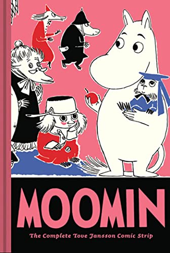 Moomin characters illustrated on a pink cover for a comic strip book.