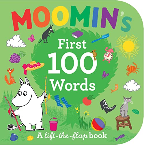 Moomin's First 100 Words" lift-the-flap board book cover with illustrations.