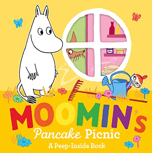 Moomin and friends prepare pancakes, shown through a window cutout.