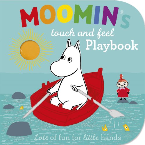Moomintroll rows a red boat with Little My watching from a rock.