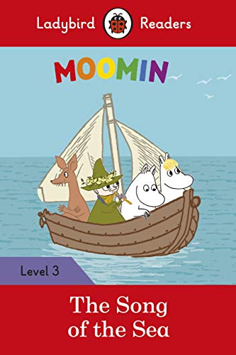 Moomin characters in a small boat on a blue sea, book cover.