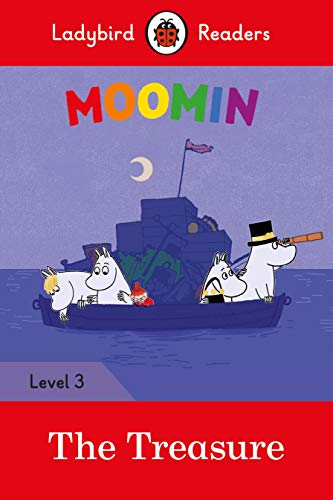 Moomin characters in a boat searching for treasure, book cover.