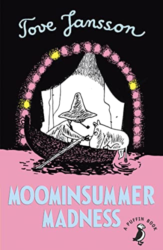 Book cover: Moomintroll in a boat under a mountain, pink background.