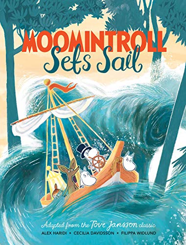 Moomintroll and friends sail a small boat on turbulent blue waves.