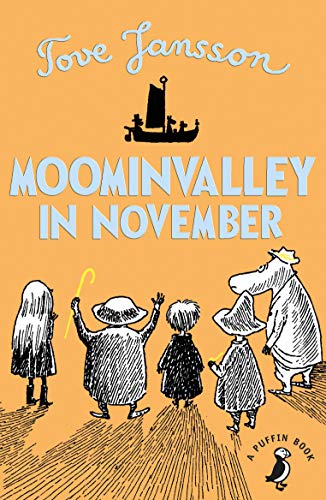 Book cover: Moomin characters with a boat on an orange background.