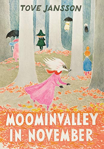 Book cover illustration showing Moomin characters in a forest covered with autumn leaves.