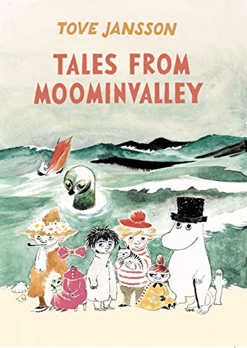 Book cover illustration featuring Moomin characters on a beach with a sea creature nearby.