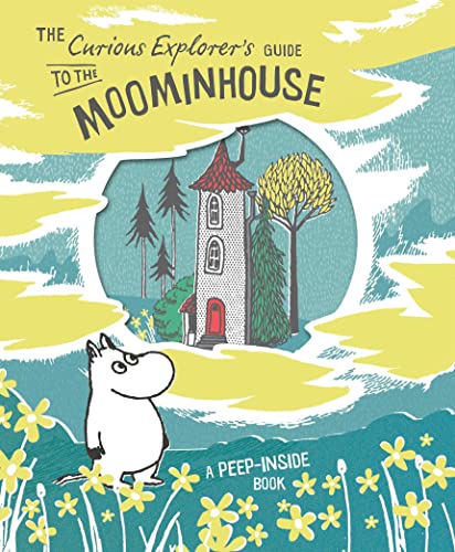 Book cover: Moominhouse illustration with Moomintroll, peep-inside style.