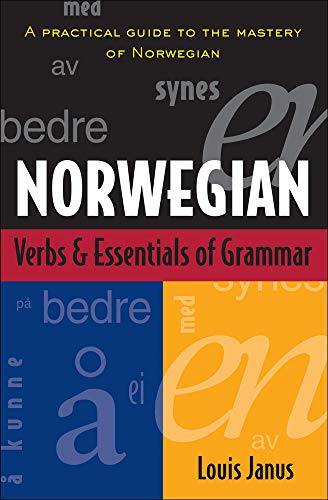 Book cover for “Norwegian Verbs & Essentials of Grammar” with text and color blocks.