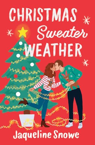 Book cover with couple in Christmas sweaters and a decorated tree.