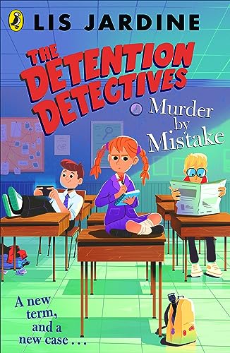 Book cover: three students in a classroom, investigating a mystery.