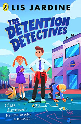 Three students investigate a chalk outline on the ground in front of a school building.