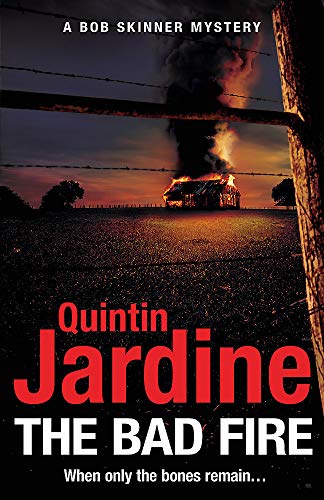 Book cover: burning building in a field, dark sky, red title text.