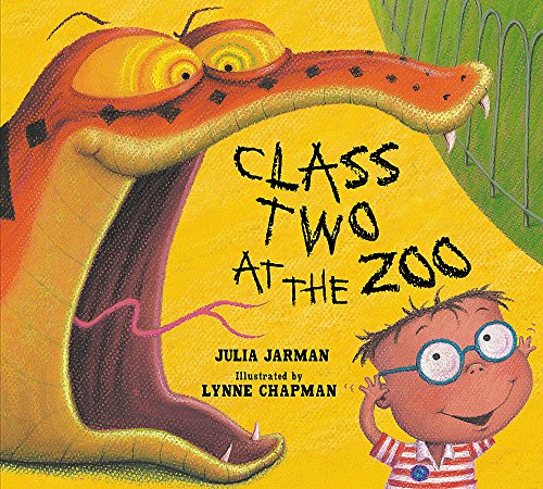 Book cover: orange crocodile, boy with glasses, and title "Class Two at the Zoo".
