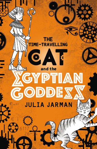 "Book cover with orange background, featuring a cat and Egyptian goddess illustrations."