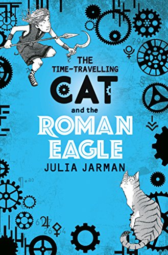 Book cover: girl with cat, gears, and Roman text on blue background.