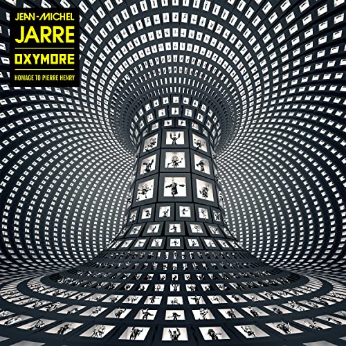 Album cover for Jean-Michel Jarre’s “Oxymore” featuring a swirling tunnel of screens.