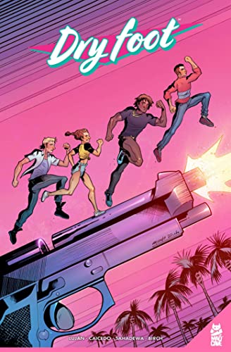 Four figures running above a large gun, palm trees below.