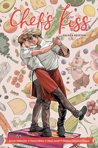 Comic book cover: two men embrace amidst illustrations of food items.